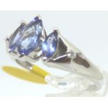 New old stock 9ct white gold three marquise cut tanzanite and diamond ring with certificate,