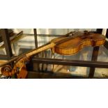 Antique violin with bow, two piece back, lacking fretboard, sound post loose,