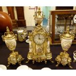 Brass and enamel clock garniture in the Limoges fashion