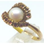 9ct gold real pearl and garnet ring,