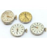 Three Tissot ladies wristwatch movements and an Oris calibre 440 example