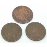 Two Indian head cents and a farthing