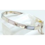 Sterling silver mother of pearl set hinged bangle with safety chain