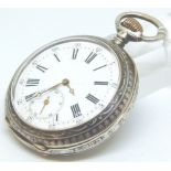 Good Niello enamelled silver crown wind pocket watch decorated with hunter holding up a dead wolf,