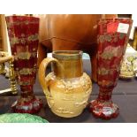 Pair of vintage ruby vases and a silver rimmed harvest jug,