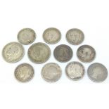 Four Victorian and five George V threepence and a George V sixpence