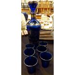 Venetian blue glass decanter and six glasses