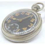 Black faced military style open face crown wind pocket watch,