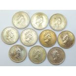 Ten UK £2 coins,