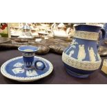 Royal Blue Wedgwood Jasperware jug and candle nightstick