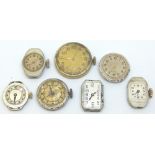 Seven unmarked ladies wristwatch movements, six mechanical,