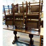 Large twin pedestal oak refectory table with six leather covered chairs