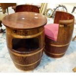 Pair of oak barrel chairs and a matching table