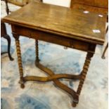 Antique oak folding games table with green baize top,