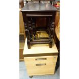 Beech filing cupboard and nest of three tables