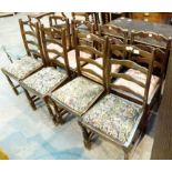 Two sets of four ladderback dining chairs with upholstered seat pads