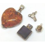 925 silver pendants including amber