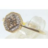 New old stock 9ct gold cognac and white diamond cluster ring with certificate,