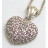 Sterling silver pink stone set heart pendant on a sterling silver box chain