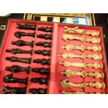 Cased chess set and inlaid Tunbridge Ware chess board CONDITION REPORT: The King is