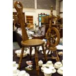 Oak spinning wheel and chair