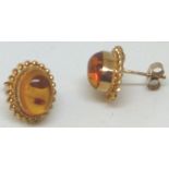 9ct gold cabachon amber studs