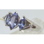 New old stock 9ct white gold marquise cut tanzanite three stone ring with certificate,