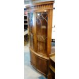 Large oak twin glazed door corner display cabinet with lower cupboard,