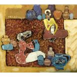 Female figures with pottery sitting on carpet, paint on paper poster,