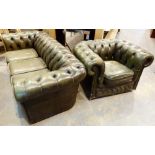 Chesterfield style green leather three seater settee and club chair with buttoned backs and arms