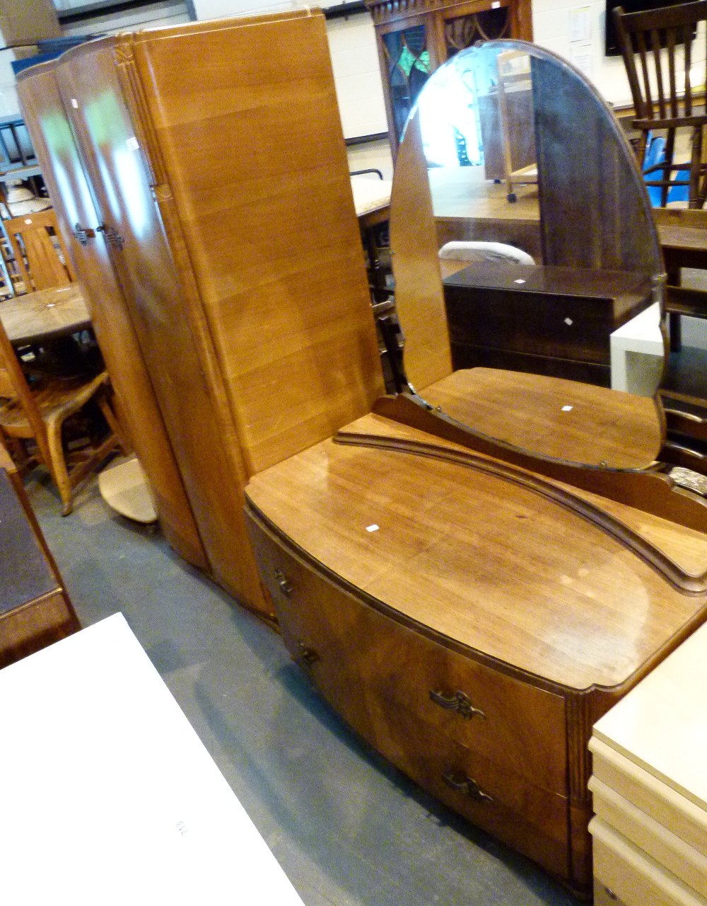 Double door Art Deco style wardrobe and matching dressing table with two drawers and rear mirror