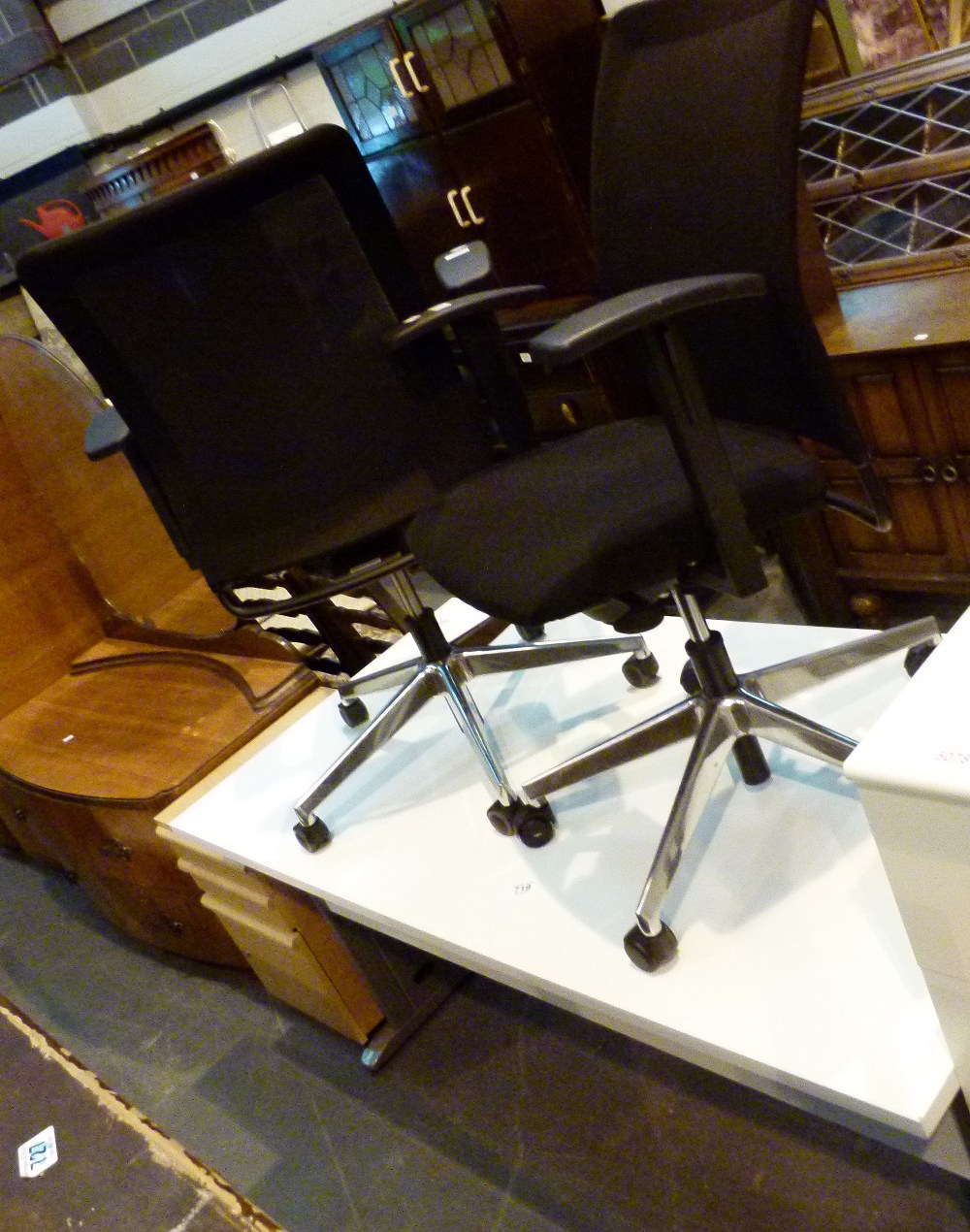 Modern white office desk and two Wiesner Hager office chairs