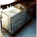 Pair of mirrored glass three drawer bedside cabinets,