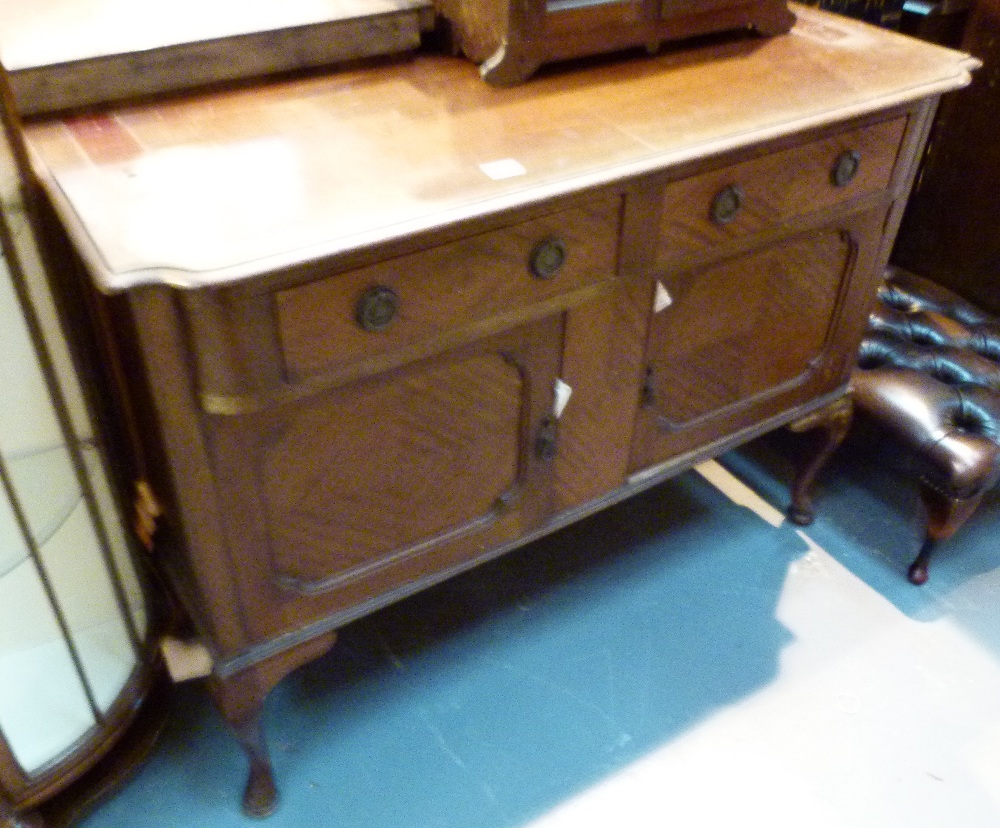 Large mahogany Arts and Crafts style side board with two upper drawers and two under cupboards,
