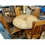 Circular oak cartwheel dining table with four tall chairs (missing pieces of top in office 5253)