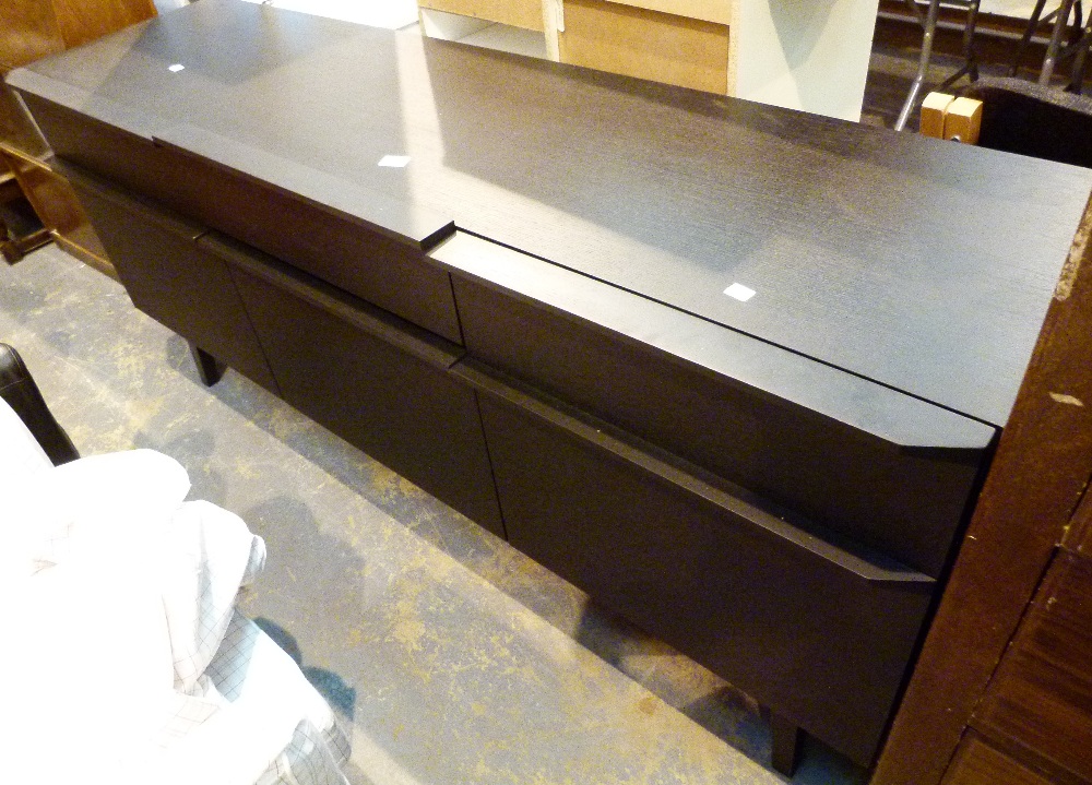 Modern black ash effect side board with two central drawers and twin side cupboards,