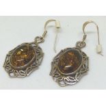 Pair of amber and silver drop earrings