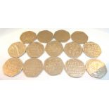Fourteen mixed fifty pence pieces