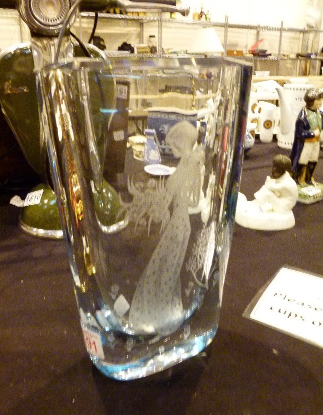Large Strombergshyttan Swedish art glass vase with etched girl and flower design