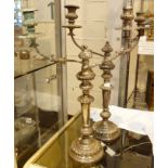 Pair of large two branch silver plated candelabra, one A/F,