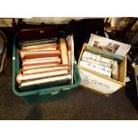 Large quantity of stamps in green tub and cardboard box