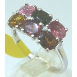 Pre-owned unused 9ct white gold multi-coloured stone set ring,