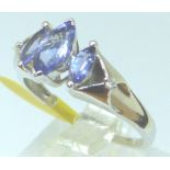 New old stock 9ct white gold marquise cut three stone tanzanite ring, with certificate,