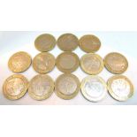 Thirteen mixed £2 coins