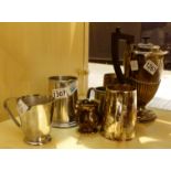 Silver plated lidded coffee pot and a collection of silver plated tankards