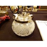 Globular cut glass Victorian biscuit barrel with silver plated lid and handle,