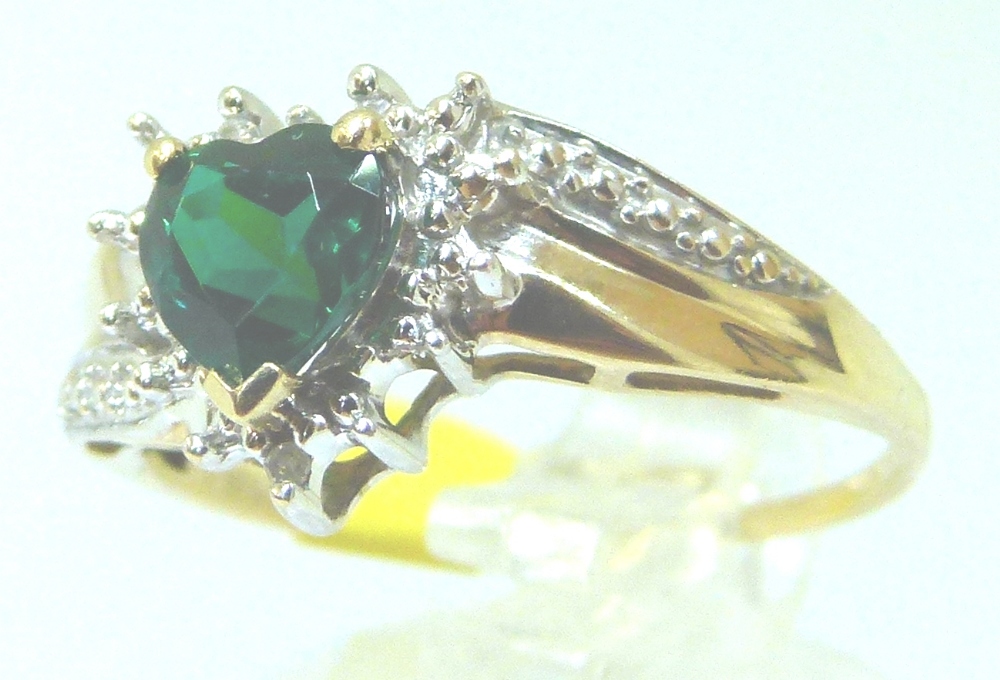 9ct gold heart shaped synthetic emerald and diamond ring,