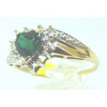 9ct gold heart shaped synthetic emerald and diamond ring,