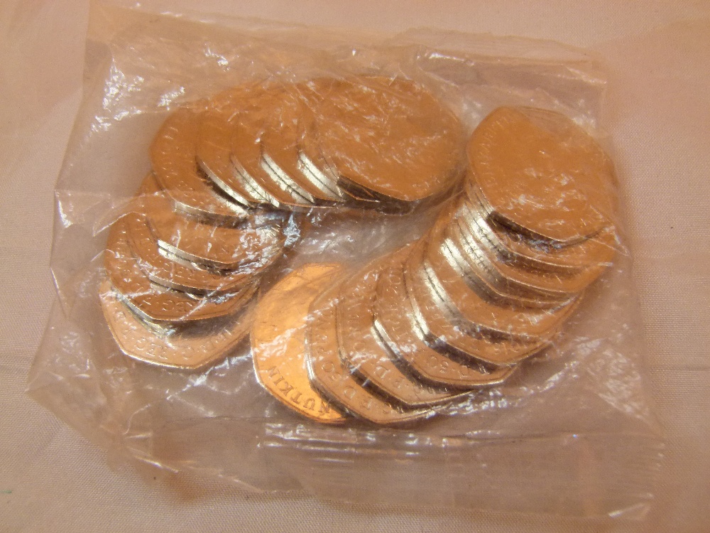 Sealed bag of twenty Beatrix Potter Squirrel Nutkin fifty pence pieces
