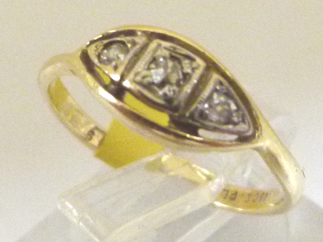 18ct gold and platinum antique three stone diamond ring,